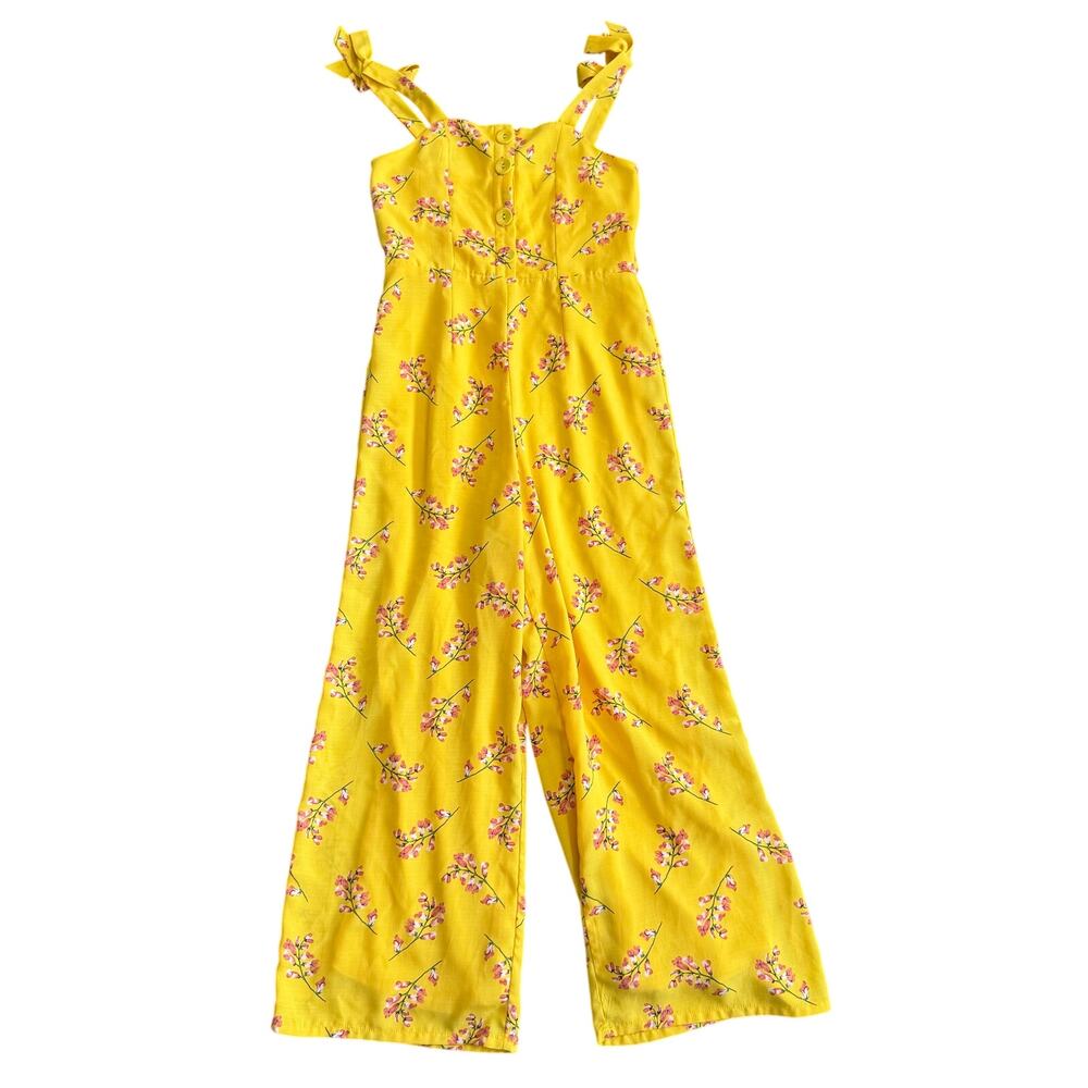 GB Girls Floral Yellow Jumpsuit Wide Leg Pants Tie Sleeve Girls size 12